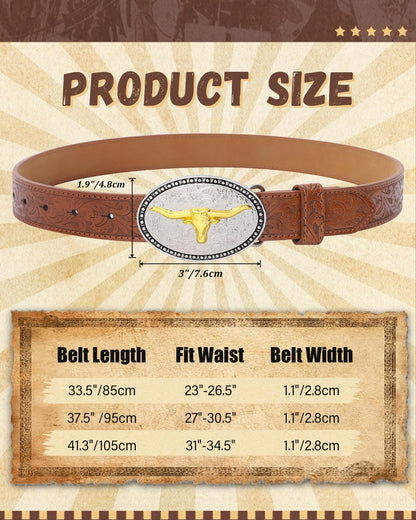AWAYTR Kids Western Belt with Detachable Buckle - PU Leather, 3 Sizes (23"-34.5"), Adjustable for Daily Wear & Halloween (Cow Buckle-Brown, Fit Waist: 26.5"-30")