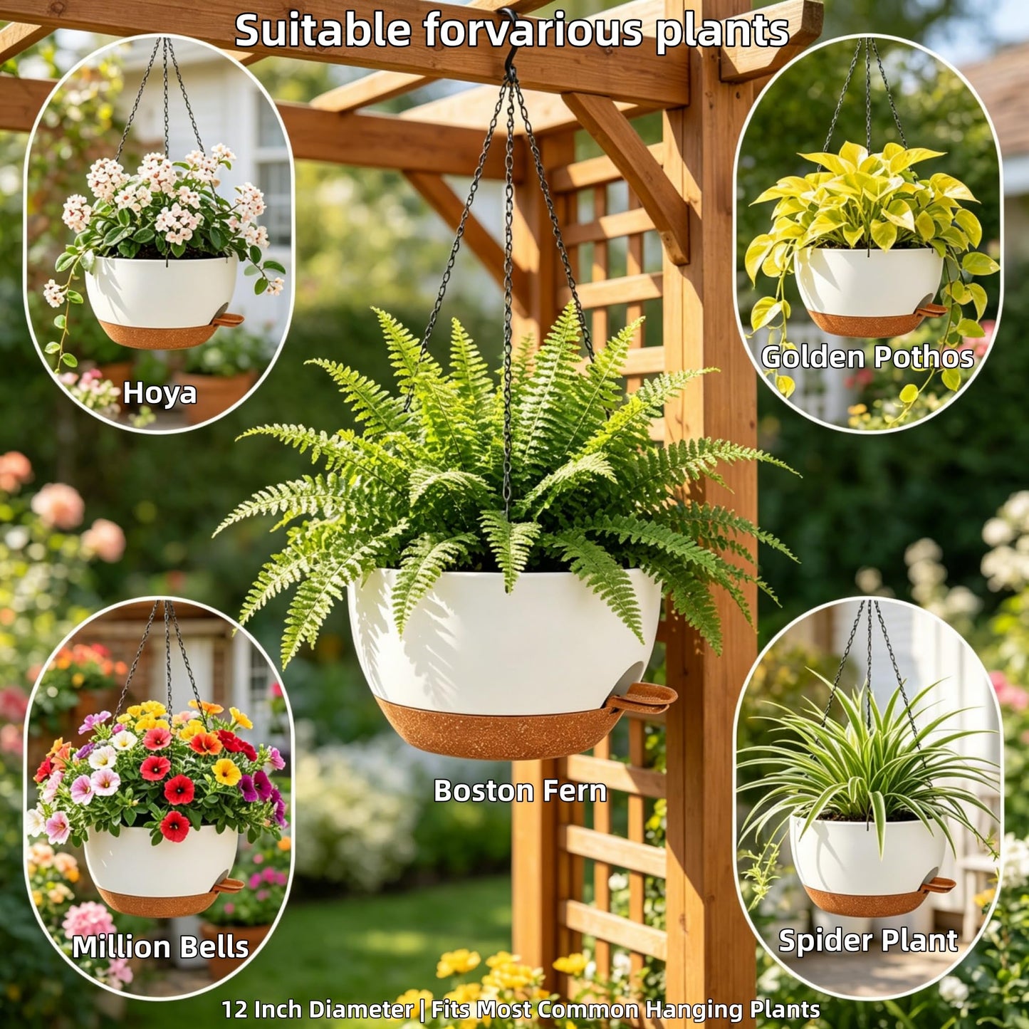 zople 2 Pack 12 Inch Self Watering Hanging Planters for Indoor Plants, Large White Brown Plastic Hanging Pots with Chains for Outdoor Patio Garden Home Decor White Brown