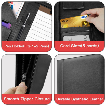 Zippered Padfolio Organizer, WRIYES Leather Planner Binder, 10.2 Inch Portfolio Folder for Documents, Letter Size Business Card Holder for Men&Women (Black)
