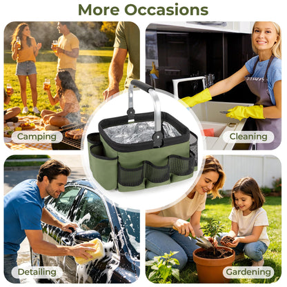 PGmoon Grill and Picnic Caddy, Foldable BBQ Tool Caddy with Rotated Handle, Multi-Pocket Grill Utensil Storage Bag for Outdoor Camping Picnic Patio Barbecue Accessories, Green