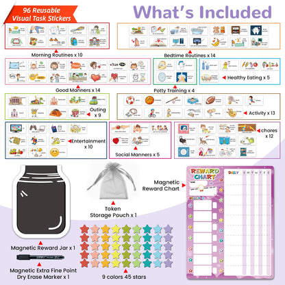 JJPRO Magnetic Reward Chart for Kids with Reward Jar- Behavior Reward Chart System, Toddlers Daily Routine,Visual Schedule Board,96 Reusable Stickers& 45 Star Tokens to Motivate Responsibility