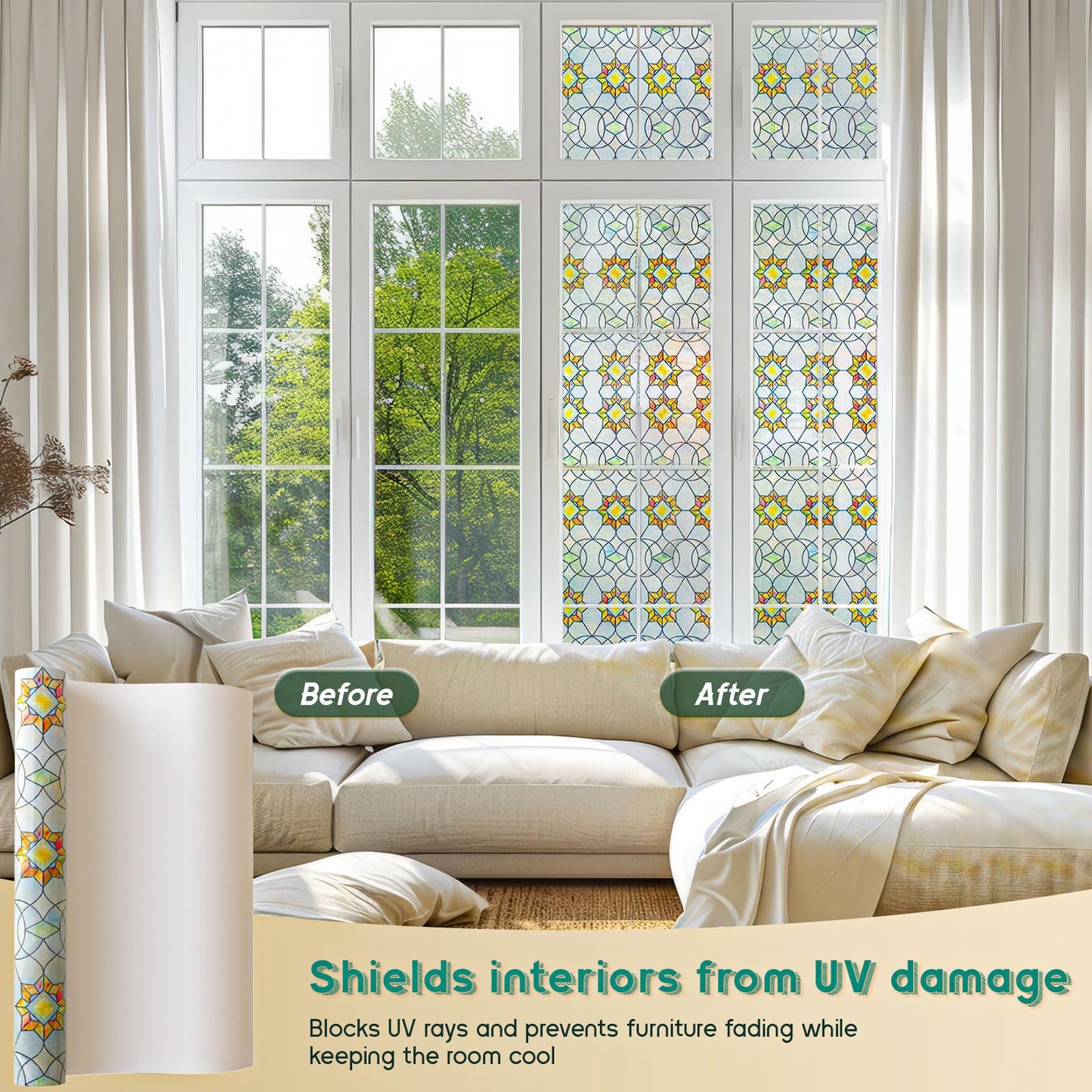 Oxdigi 3D Stained Glass Window Film - Static Cling Privacy Protection & UV Blocking, Floral Geometry Pattern 23.6x35.4 (No Residue, Reusable)