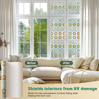 Oxdigi 3D Stained Glass Window Film - Static Cling Privacy Protection & UV Blocking, Floral Geometry Pattern 23.6x35.4 (No Residue, Reusable)