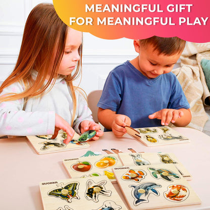 QUOKKA Wooden Puzzles for Toddlers 1-3 – 6 Pegged Puzzles for Kids Ages 2-4 – Animal and Fruits Learning Toy for Kids – Gift Realistic Educational Game for Boy and Girl