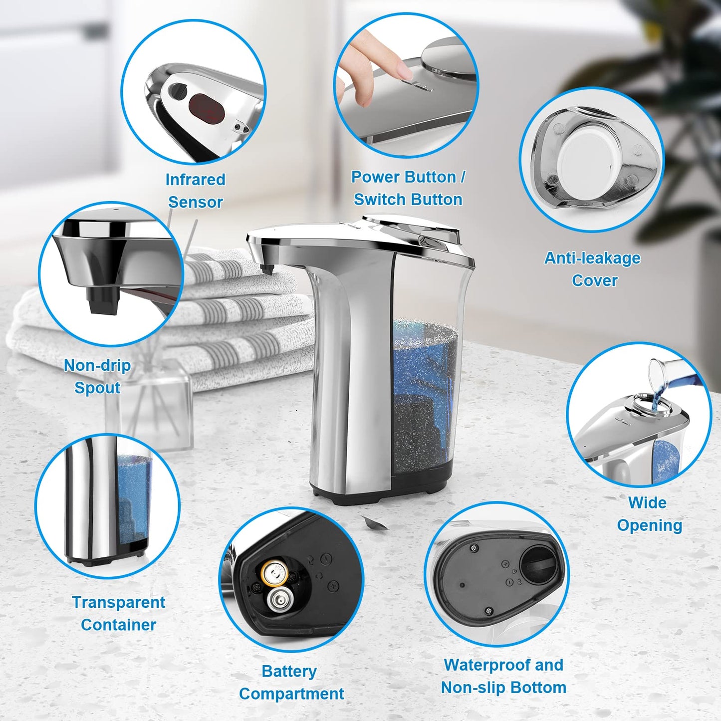 PZOTRUF Automatic Soap Dispenser, Touchless Dish Soap Dispenser 17oz/500ml with Infrared Sensor, 5 Adjustable Soap Levels, Liquid Dispenser for Bathroom Kitchen (Silver)