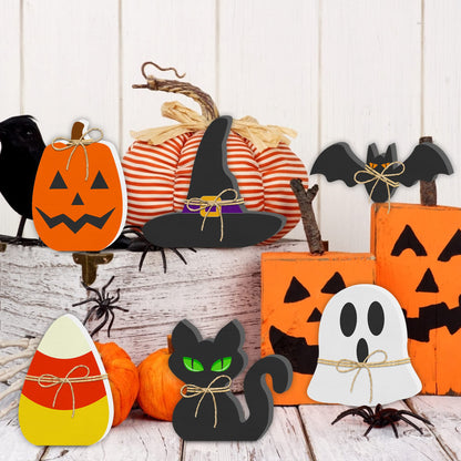 6PCS Halloween Wooden Decor - Halloween Decorations Wooden Signs Include Pumpkin Ghost Bat Black Cat Witch Hat Candy Corn Freestanding Table Signs Tiered Tray Decor for Rustic Farmhouse Home Mantle