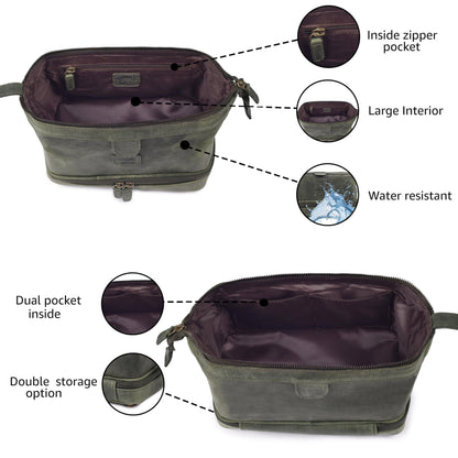 LEATHER VILLAGE Genuine Leather Dopp Kit – Large Travel Toiletry Bag with Waterproof Lining, Dual-Zip Design for Men & Women, Organizer for Shaving, Makeup & Essentials - Olive