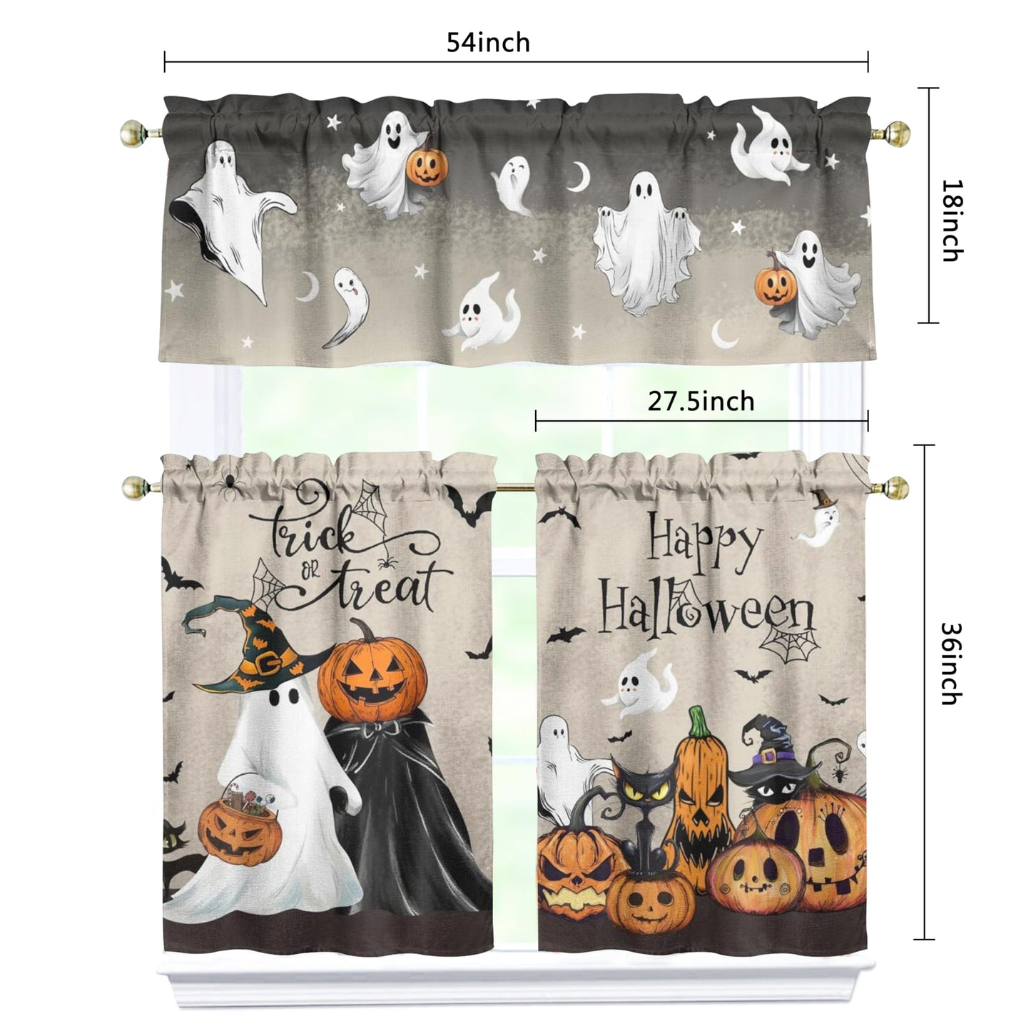 Miffrank Halloween Kitchen Curtains and Valance Set of 3, Ghost Pumpkin Kitchen Window Tier Curtains Farmhouse Window Valances Rod Pocket Panels for Halloween Home Decor