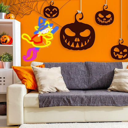 Halloween Magic Cat Neon Sign for Halloween Decor Cat Witch Neon Light Cute Magic broom Light Up Sign for Halloween Party Bedroom Club Bedroom House Kid’s Room