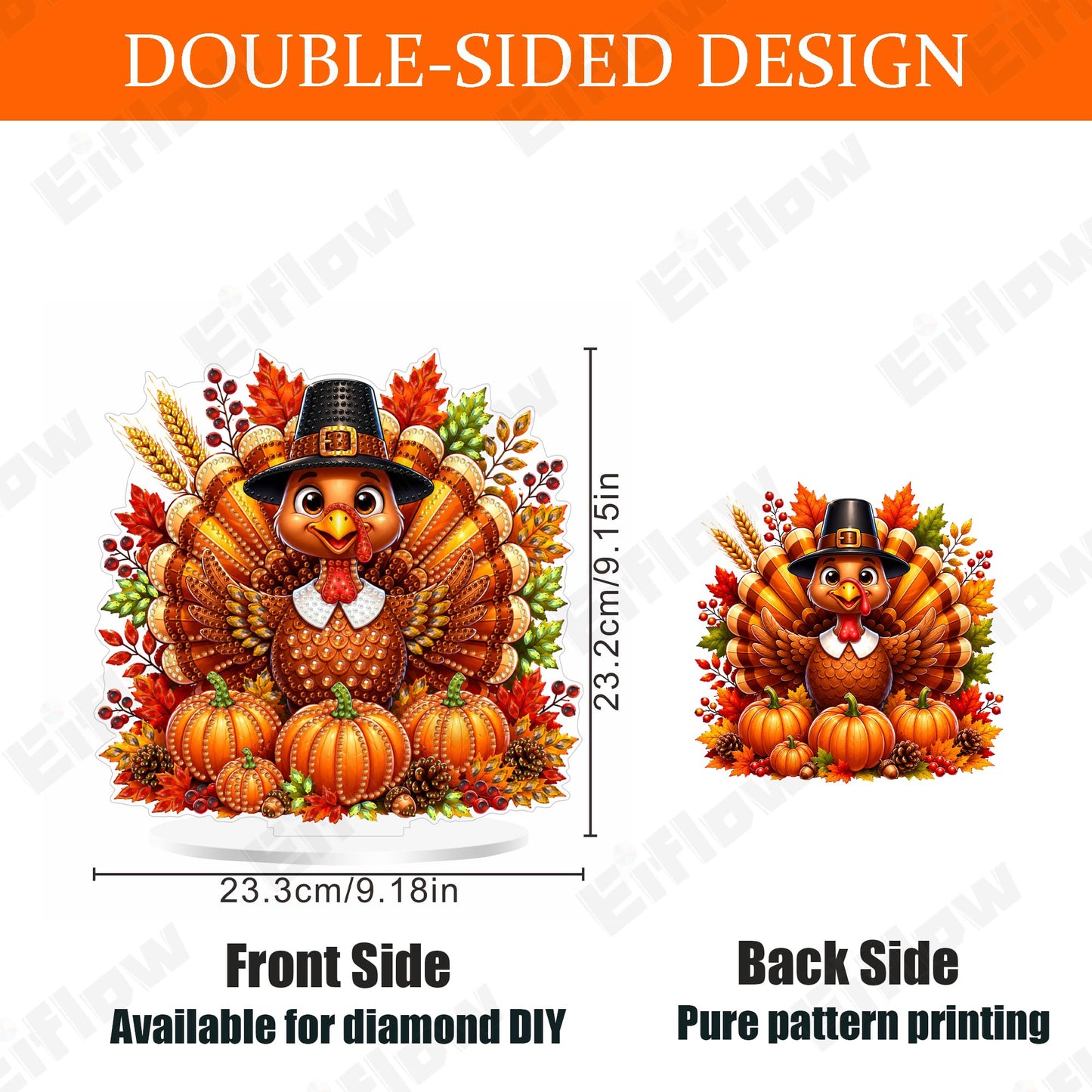 Eiflow Thanksgiving Diamond Art Tabletop Kit for Adults, DIY Desktop Fall Diamond Art Painting with Stand, Acrylic Stand Up Gem Painting Board Kit (Turkey)
