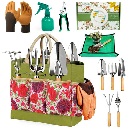 SLARMOR Garden Tool Set, 10 PCS Gardening Essentials, Stainless Steel Garden Hand Tools with Tote Bag, Well-Designed Gardening Supplies Kit Gifts for Women Men Gardeners