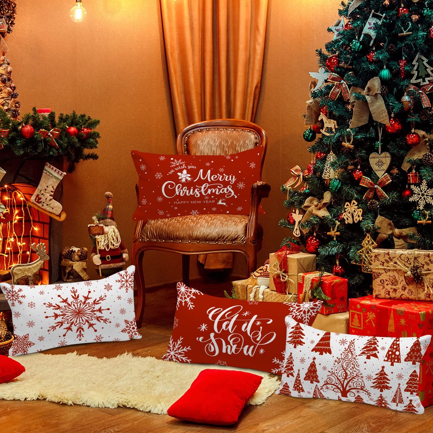 Lanpn Christmas Lumbar Throw Pillow Covers 12x22 Set of 4, Merry Christmas Winter Xmas Snowflake Decorative Holiday Cushion Pillow Cases 12 x 22 for Indoor Farmhouse Home Room Couch Decor (Red)