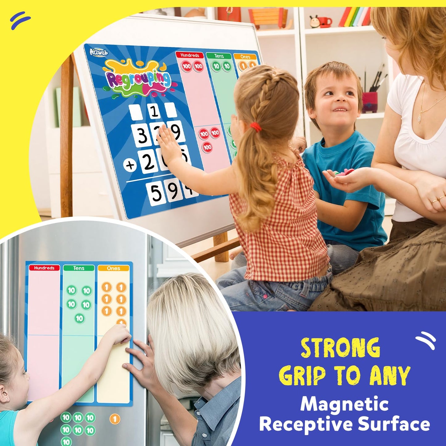 Aizweb Magnetic Regrouping Base Ten Place Value Chart,Addition and Subtraction Math Manipulatives,Dry Erase Board for 1st 2nd 3rd Grade Classroom Must Haves,Hands On Regrouping Math Games for Kids