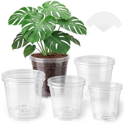 MeiVista 8 Pack Clear Nursery Pots with Drainage Holes, 5/6/6.7/7.5 Inch Sturdy Transparent Plastic Planters for Indoor & Outdoor, Includes 10 Labels, Ideal for Seed Starting and Planting