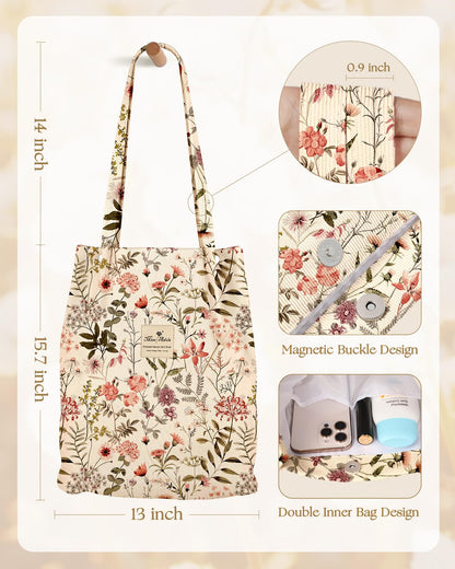 Miss Adola Corduroy Tote Bag for Women - Reusable Totes with Inner Pocket & Buckle Cute Aesthetic Design Cloth Shopping Grocery Shoulder Bag for Work Travel, Flower