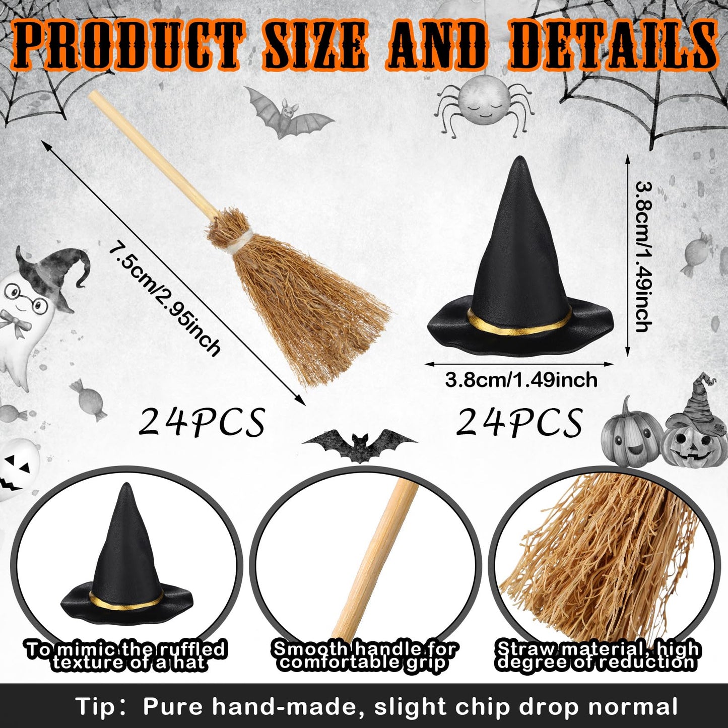 WinnerWhy 48 Pcs Mini Witch Hats and Broom for Crafts Halloween Wizard Accessories for Party Favors Decor (Black,1.5 Inches)