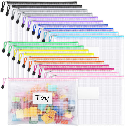Sooez 20 Pack Mesh Zipper Pouch Bags, A4 Letter Size, Zipper Bags with Label Pocket, Waterproof Bag for Classroom Organizer, School Office Teacher Supplies, Storage Pouches for Board Game Toy Storage