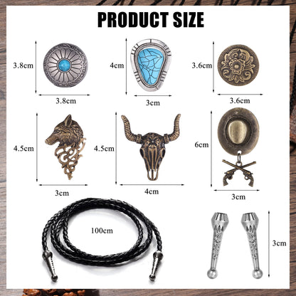 Subiceto 6Pcs Bolo Tie for Men Women Western Cowboy Natural Turquoise Tiger Eye Stone Handmade Shape Round Leather Necktie Vintage Native American Bola Tie Set Wolf
