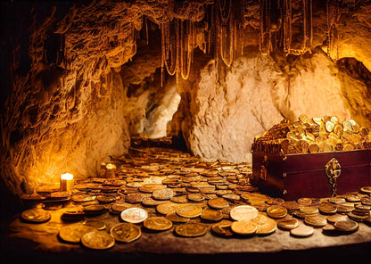 BELECO 10x6.5ft Fabric Mountain Cave Treasuer Chest Backdrop Antique Treasure with Gold Coins Jewelry Background Pirate Theme Party Decorations Halloween Trunk or Treat Decor Photoshoot Studio Props