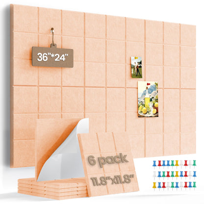 Uoisaiko Large Felt Board Tiles for Wall with 30 Push Pins, 11.8"x11.8" Pack of 6 Pin Board Notice Boards for Home Office Kitchen, Bulletin Board Wall Tiles for Photos Memos (Beige, 6 Pack)