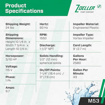Zoeller M53 Mighty-mate Submersible Sump Pump, 1/3 Hp