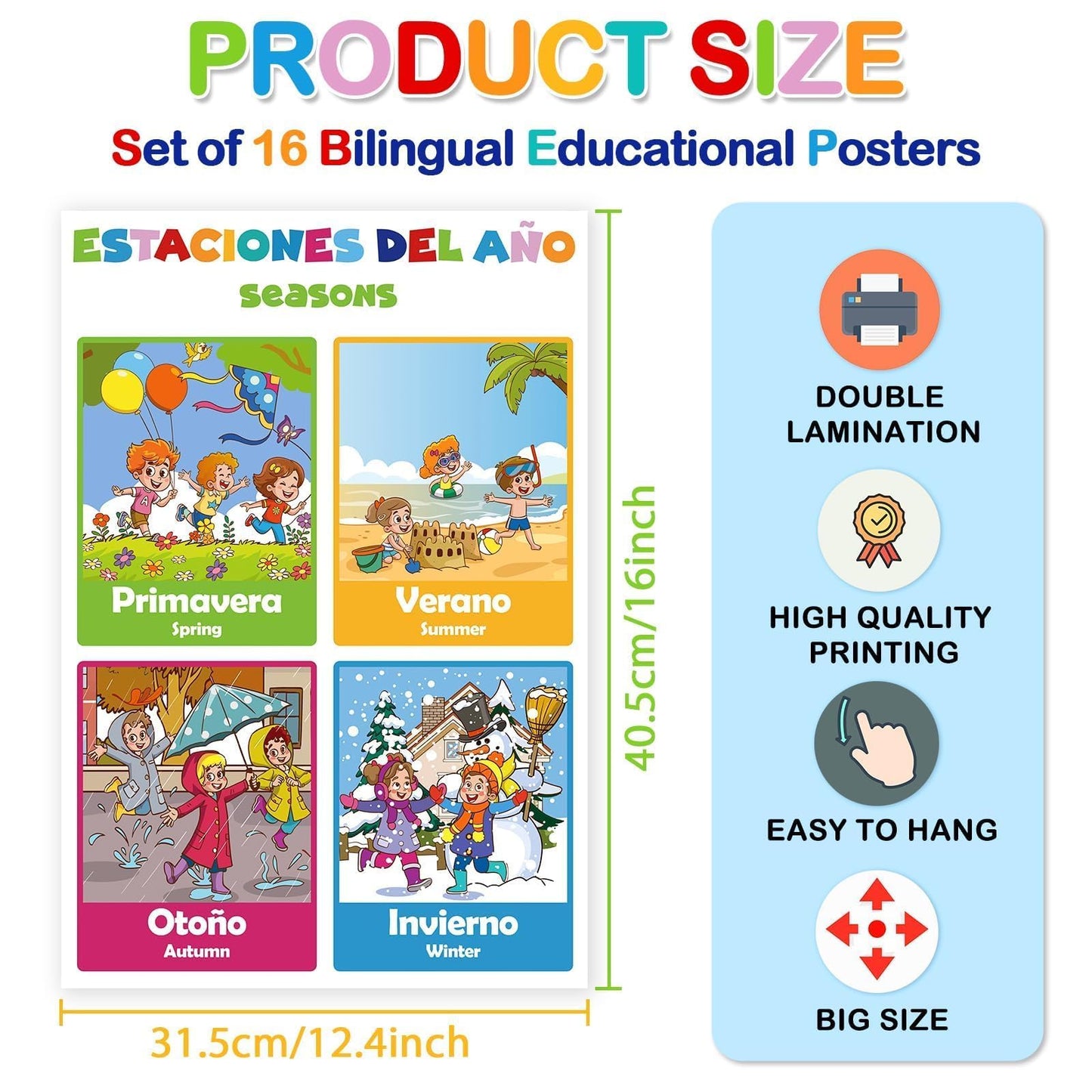 EggSun 16 Pcs Bilingual Learning Posters for School Classroom Decorations, 11 x 16in Poster Charts for Teachers Primary Middle High School Supplies Education Classroom Bulletin Board Wall Decor