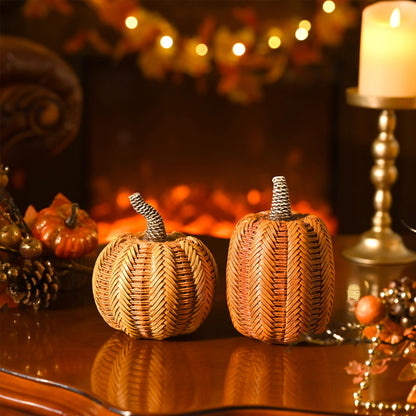 Valery Madelyn Thanksgiving Fall Decoration for Home Pumpkin Decor, 2pcs Resin Statue Artificial Rattan Pumpkins Figurine, Autumn Harvest Halloween Table Centerpieces, 6.2 inch
