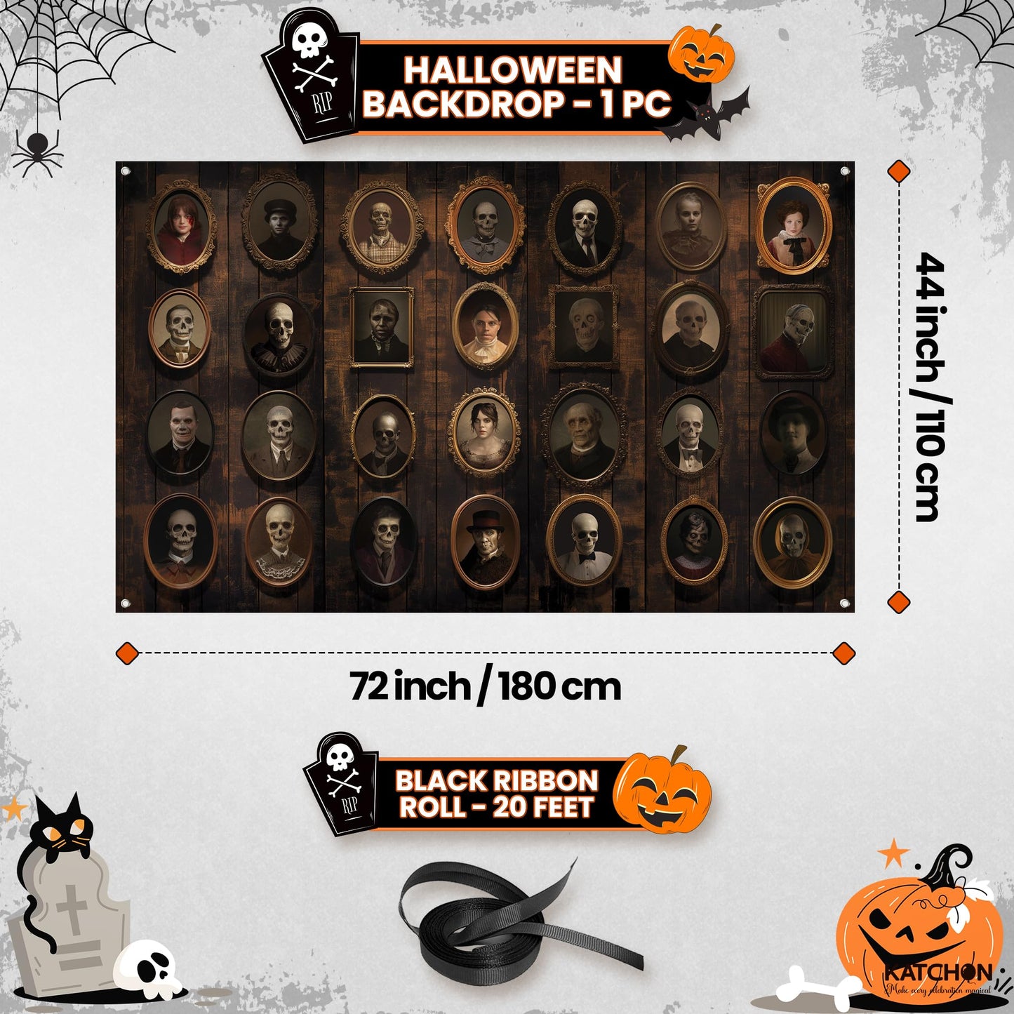 KatchOn, Happy Halloween Party Decoration Set - Pack of 17 | Garlands & Wall Portrait Banner | XtraLarge 72x44 Inch- halloween Banner | Wall Backdrop,Hanging Swirl For Halloween Decorations