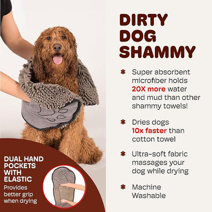 Dog Gone Smart The Dirty Dog Shammy - 2-Pack, Antimicrobial Microfiber Dog Towel for Odor Control, Fast-Drying Plush, Dual Hand Pockets & Super Absorbent, Machine Washable - 31×13 in, Grey