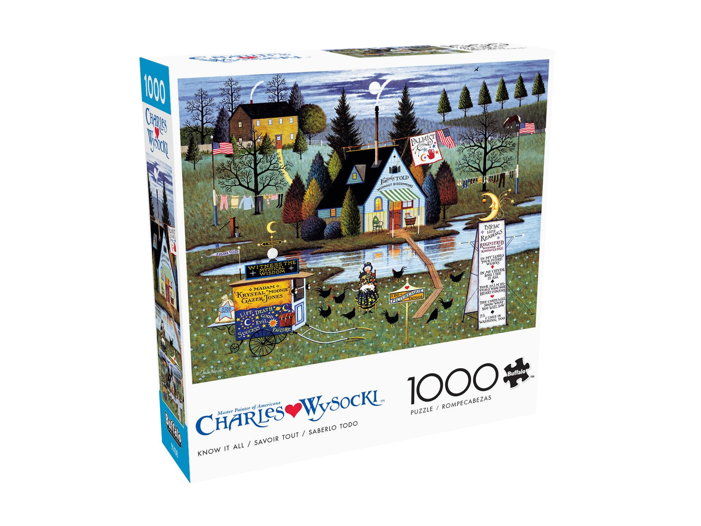 Buffalo Games Charles Wysocki - Know It All - 1000 Piece Jigsaw Puzzle - 26.75 x 19.75 in, Poster Included - 1000 Piece Puzzle for Adults - Folk Art Village Scene - Recycled Board