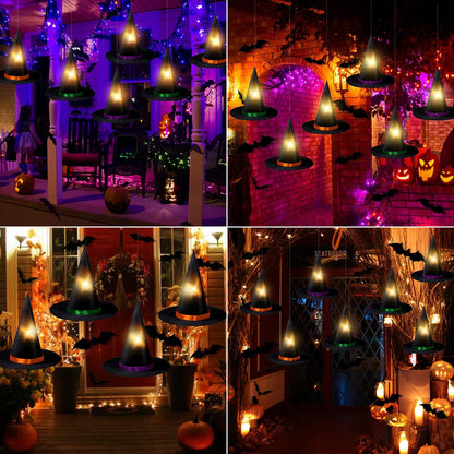 Halloween Hanging Witch Hats Decorations - 12PCS Black Witch Hats with Lights DIY Floating Witch Hats with 28PCS 3D Bats and Creepy Cloth for Halloween Porch Tree Party Decorations