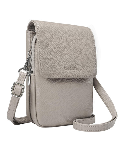 befen Real Leather Small Cell Phone Crossbody Bags for Women, Women's Shoulder Purse Handbags with RFID Blocking Wallet Beige Grey