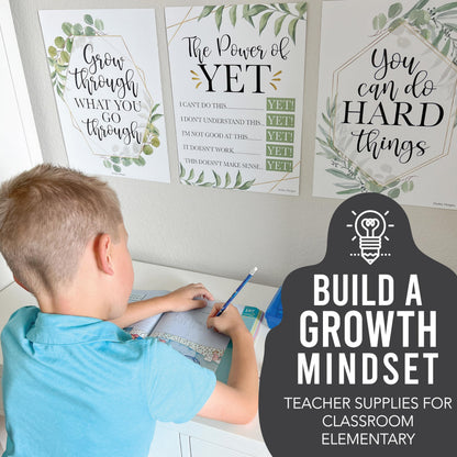 Hadley Designs Motivational Poster for Classroom Decor - 9 Growth Mindset Classroom Posters Elementary, Inspirational Wall Decor Middle School, Teacher Must Haves, Greenery Bulletin Board Decorations