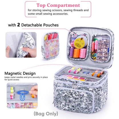 AMOIGEE Double-Layer Sewing Organizer Storage Bag with 2 Detachable Pouches, Large Quilted Sewing Basket for Supplies & Tools, Portable Travel Sewing Kit Case, Gift for Mom(BAG ONLY)