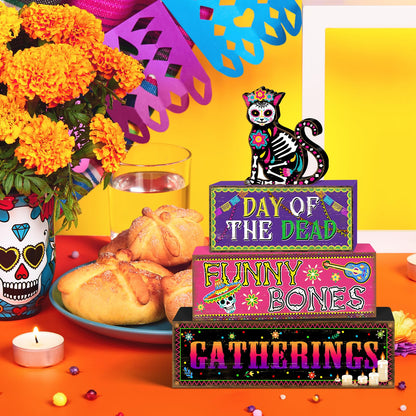 Britimes 4 Pcs Day of the Dead Table Decor Halloween Cat Tiered Tray Decorations Set Funny Bones Stack Block Signs Gift Rustic Farmhouse Tabletop Decor for Table & Home Office