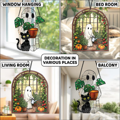2 Cute Halloween Decoration Suncatchers, 6" Spooky Cute Ghost Plant Window Hangings, Ghost with Black Cat Greenhouse, Pumpkin Ornaments Home Garden, Gifts for Mom, Plant Lovers, Women, Girl SS358