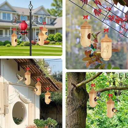 Hummingbird House, Small Hummingbird Houses for Outside, Wooden Bird House with Bow, String, Cute Gardening Gifts Home Decoration