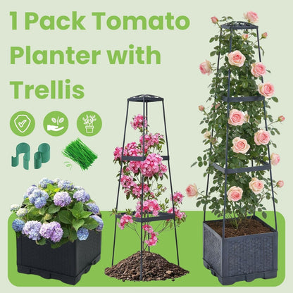 Lancisism Raised Garden Bed Tomato Planter with Trellis - 45" Self Watering Planters Box with Trapezoidal Trellis for Climbing Plants Vegetables Flowers - Tomato Cages for Greenhouse Indoor Outdoor
