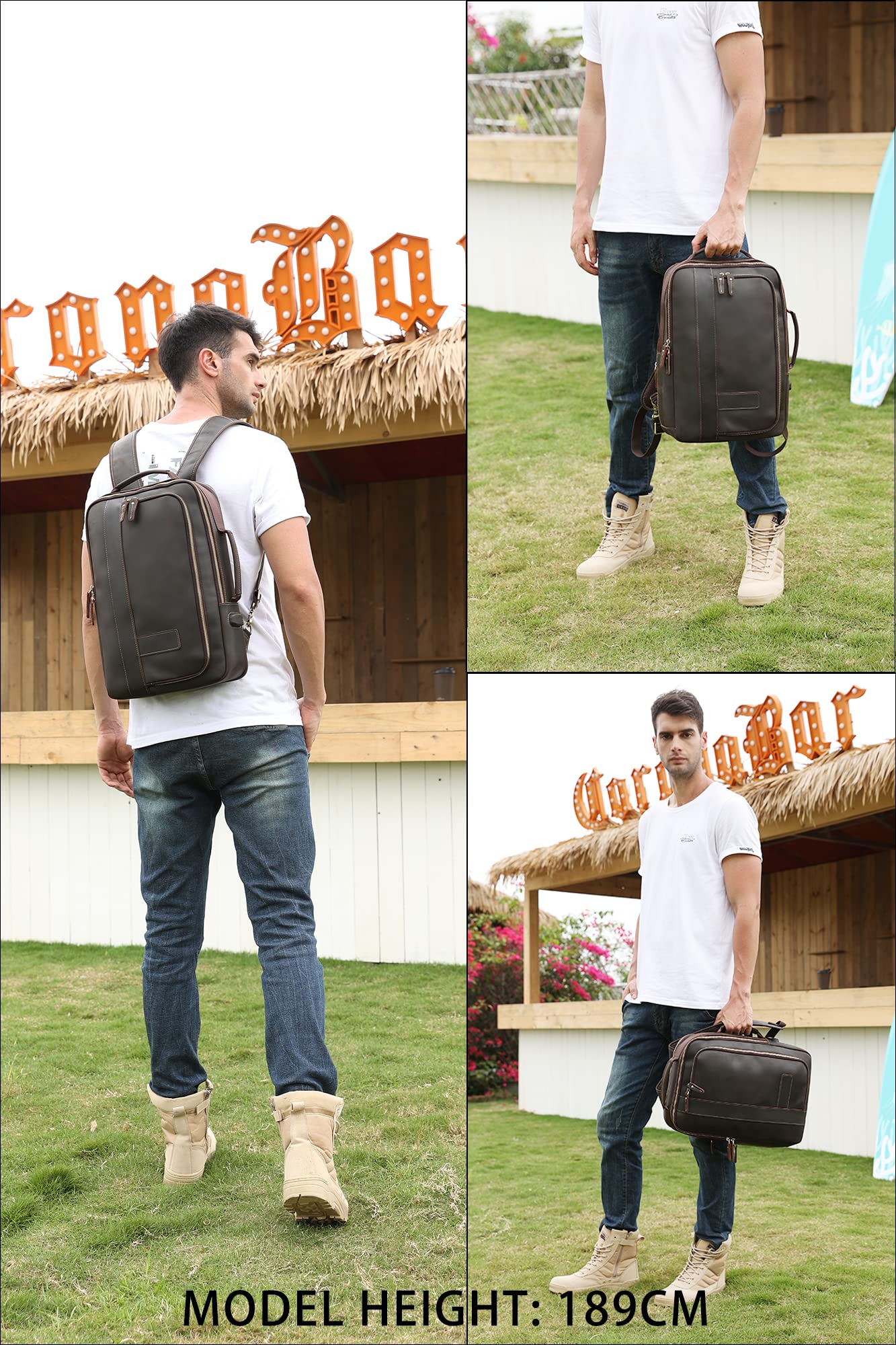 LANNSYNE Men's Full Grain Leather Expandable 15.6 Laptop Backpack Tote Shoulder Travel Bag Rucksack
