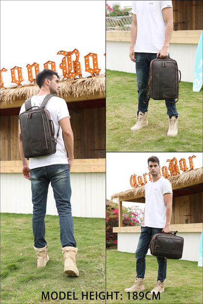 LANNSYNE Men's Full Grain Leather Expandable 15.6 Laptop Backpack Tote Shoulder Travel Bag Rucksack