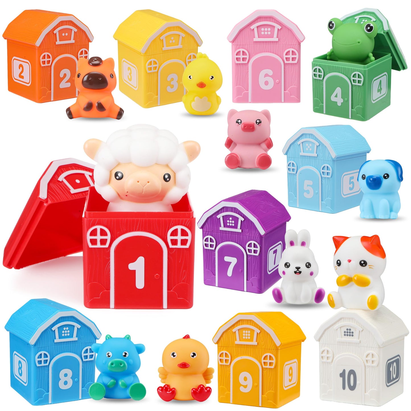 Montessori Toys for Toddlers, 20Pcs Farm Animal Toy Counting, Matching, Sorting Preschool Learning Toy Barn Toy including 10 Barns,10 Finger Puppets and 2 Stickers Birthday Gift Baby Boys Girls