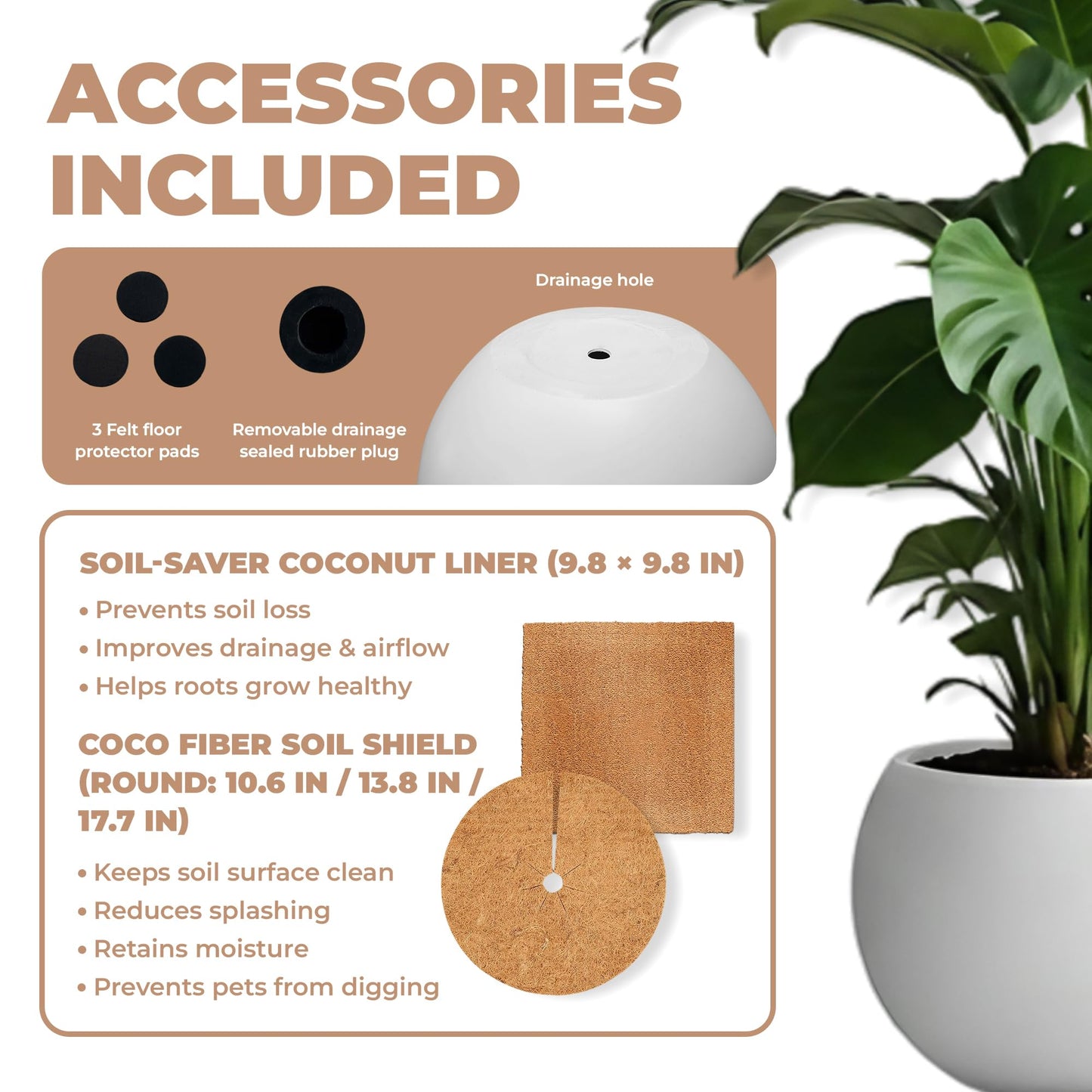 DEPLA LANE Marlo Fiberstone Round Planter (8.5" Pot Opening x 12..6" D x 9.8" H) Smooth Finishes, Lightweight, Durable, UV Resistant, Modern Minimalist Home Decor, Indoor Outdoor Plant Pot (S, White)