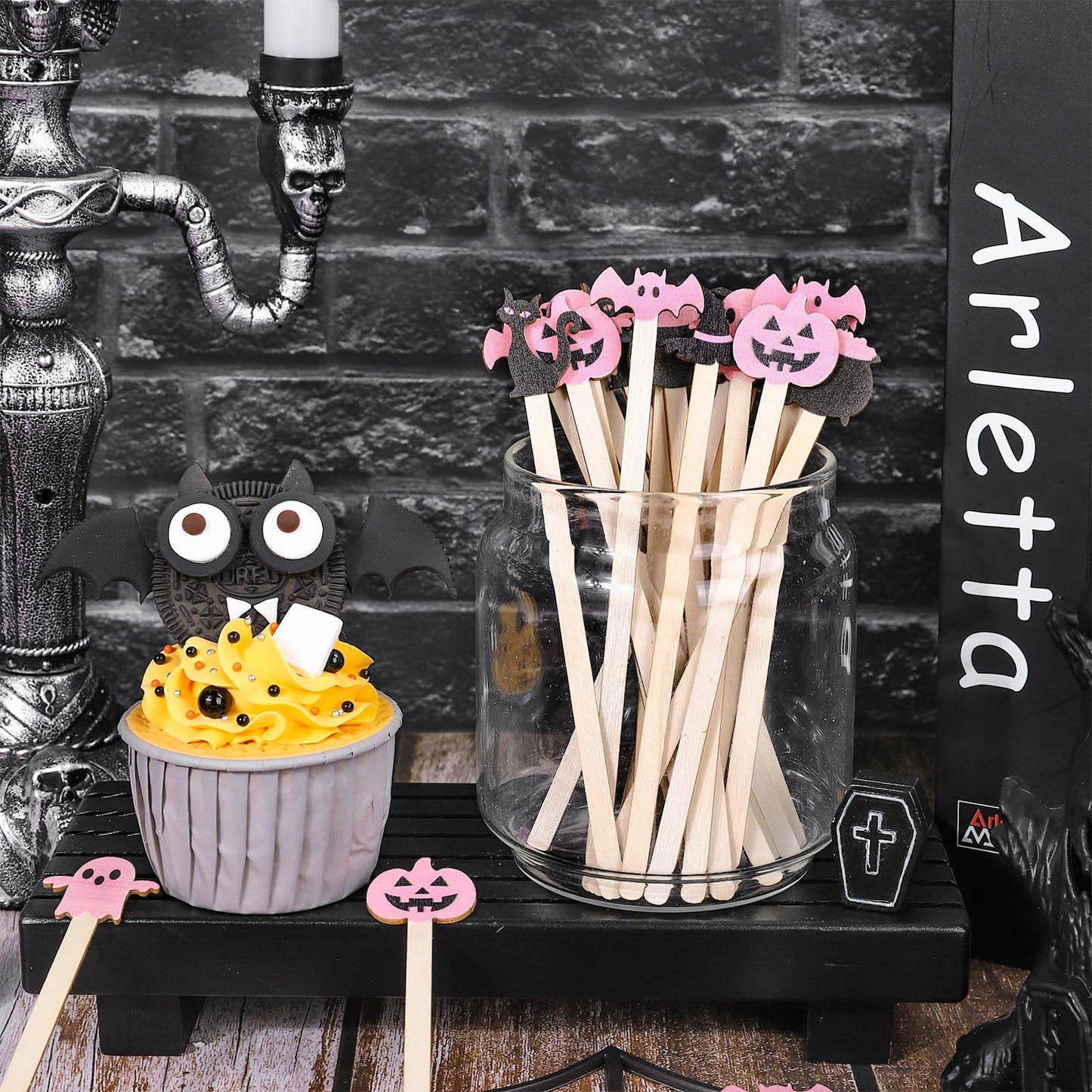 JarThenaAMCS 120Pcs Halloween Coffee Stirrers Disposable Pink Black Ghost Bat Cat Pumpkin Stir Sticks Wooden Drink Stirrer for Hot Chocolate Milkshake Restaurant Home Office
