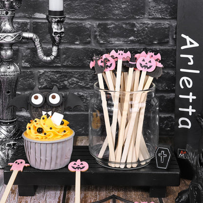 JarThenaAMCS 120Pcs Halloween Coffee Stirrers Disposable Pink Black Ghost Bat Cat Pumpkin Stir Sticks Wooden Drink Stirrer for Hot Chocolate Milkshake Restaurant Home Office
