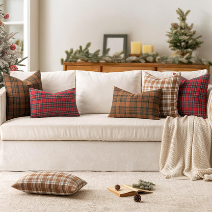 MIULEE Fall Set of 2 Scottish Tartan Plaid Throw Pillow Covers Farmhouse Classic Decorative Outdoor Square Cushion Cases for Halloween Thanksgiving Decor Sofa Couch 20x20 Inch, Orange and Green