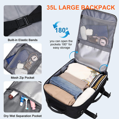 PIJUSHI Travel Backpack for Women Convertible Carry-On with Shoe Compartment Fits 16" Laptop TSA-Friendly for Work, Trips(PE038 Black)