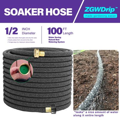 ZGWDrip 100FT 1/2" Water-Saving Soaker Hose with Solid Brass Connectors, Drip Irrigation Kit for Lawn & Landscaping with Metal Ground Stake & Accessory Kit