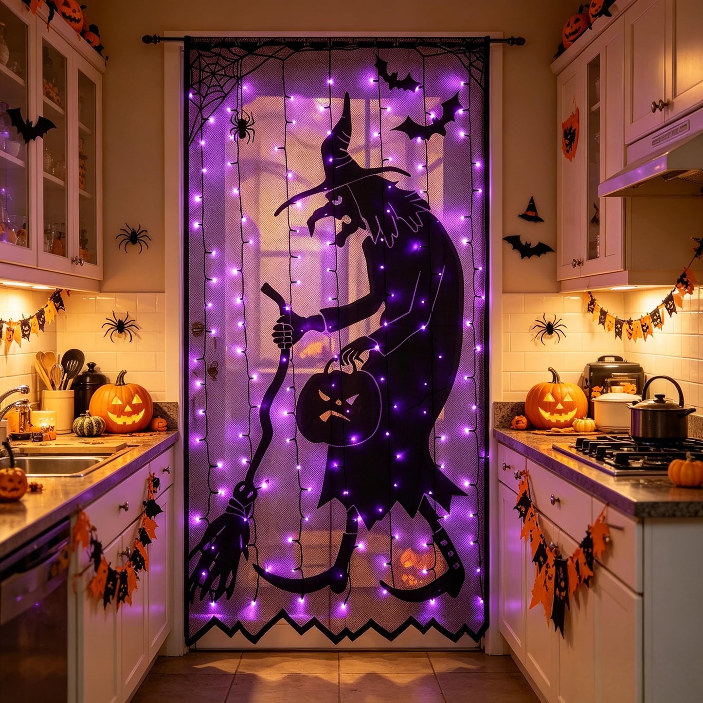 Watereem Lighted Halloween Decorations, 40 x 84 Inch 146 LED Purple Curtain Lights with Black Lace Witch Pattern, Scary Skeleton Window Door Drapes for Home Front Door Window Office Party Supplies