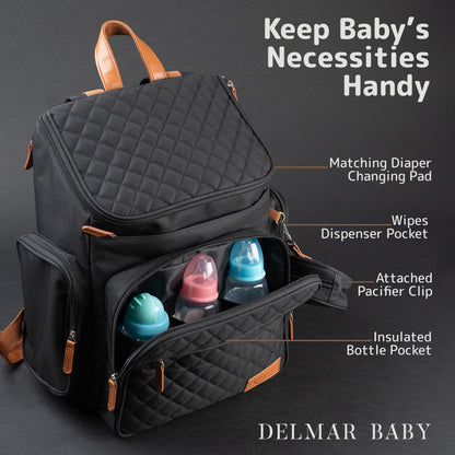 DELMAR BABY Large Diaper Bag Backpack for Mom & Dad | Unisex Baby Travel Bag | 15 Pockets | Changing Pad | Stroller Straps | Stylish & Washable | Newborn Essentials | Black