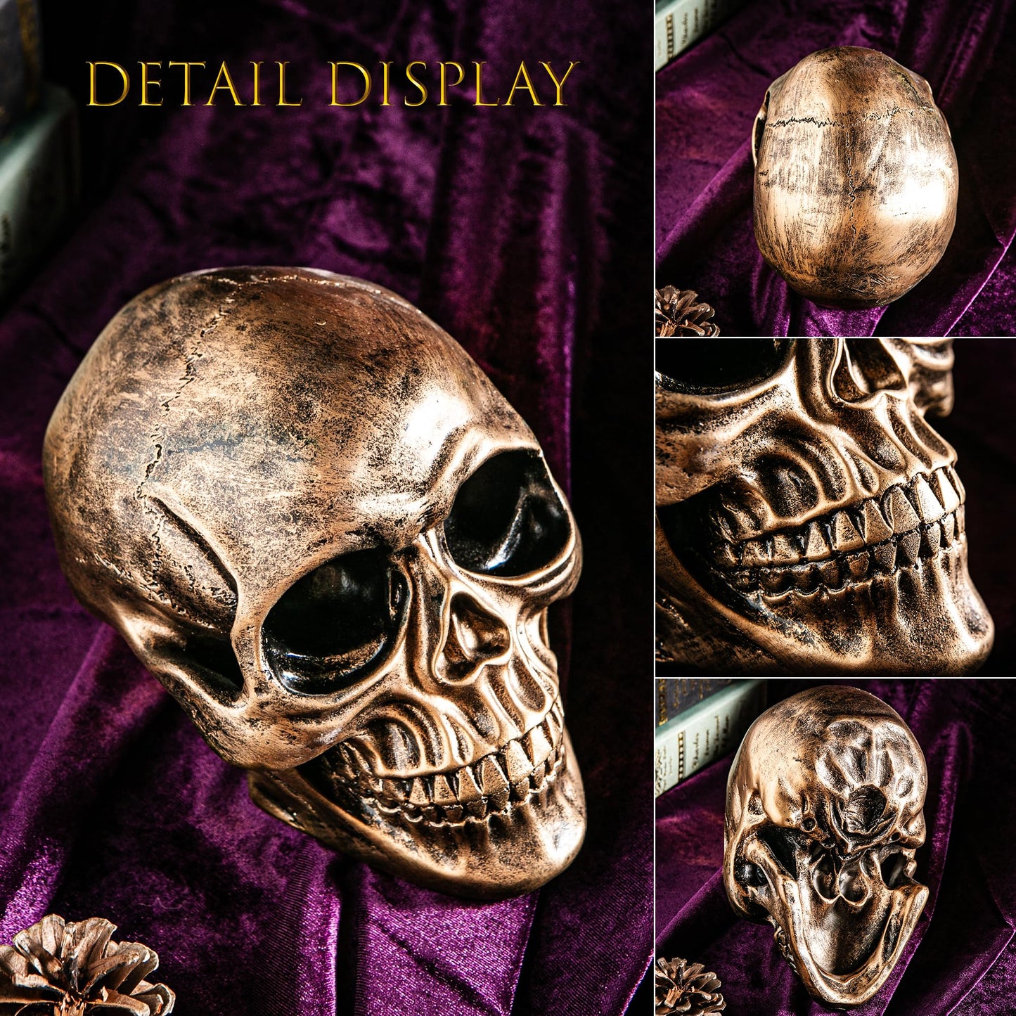 Mowtanco Halloween Skull Statues – Set of 2 Resin Skeleton Head Decorations (Gold & White) – 7.7" Realistic Skull Decor for Indoor Halloween Party, Tabletop Centerpiece, Spooky Home Accents